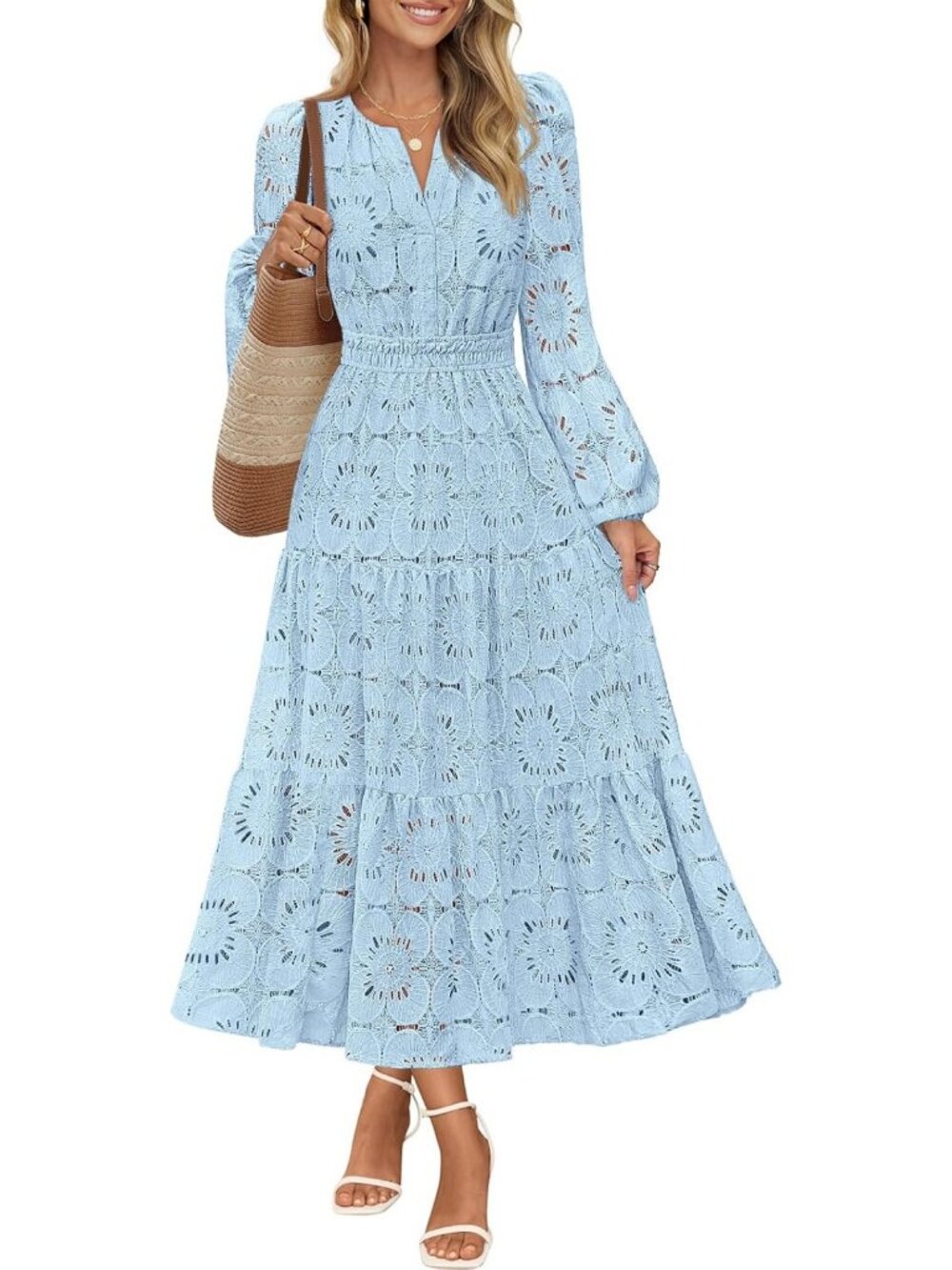 Chic Women's Fall Maxi Dress with Long Sleeves, Eyelet Lace & Floral Design